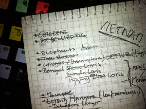 La première page du carnet du Mari avec des idées pour les possibles animaux à inclure dans Battlefield : Bad Company 2 Vietnam. Cochon sauvage : coché !